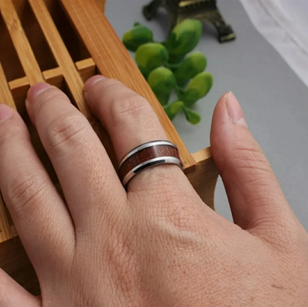 Black Tungsten Wood Inlay 8mm Wide Bevel Edge Band Ring